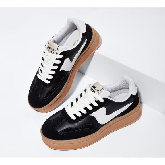 Women Platform BlackWhite Sneaker Thick Sole Suede Leather Low Top Walking Shoes - Picture 4 of 9